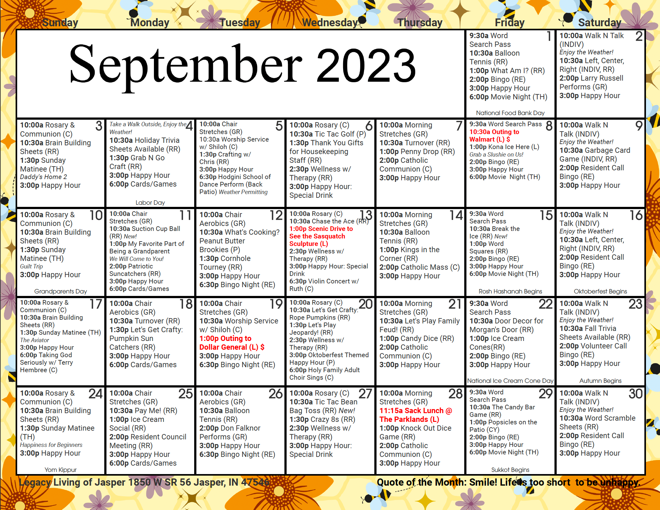 September Calendar at Legacy Living Jasper in Jasper, Indiana