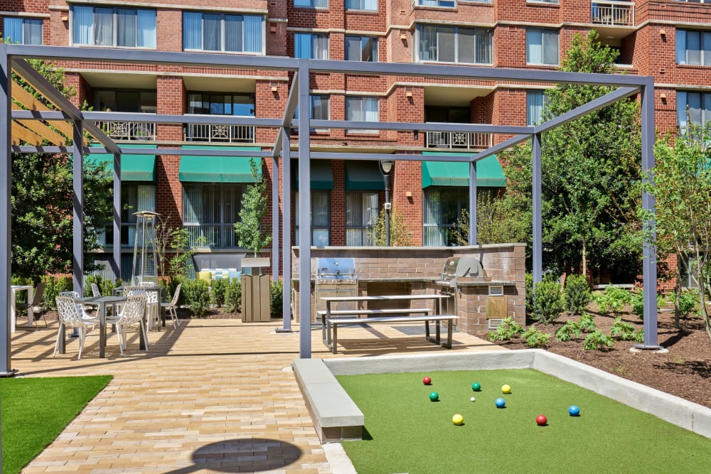 Renovated courtyard and bocce ball at Meridian at Courthouse Commons