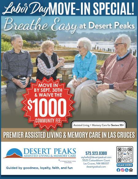 promotional graphic at Desert Peaks Assisted Living and Memory Care in Las Cruces, New Mexico.