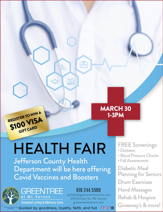 Health fair flyer at GreenTree at Mt. Vernon in Mt. Vernon, Illinois. 