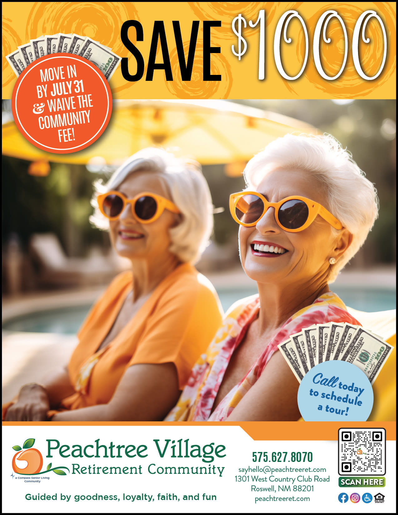 July move in flyer at Peachtree Village Retirement Community in Roswell, New Mexico