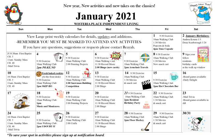 January calendar at {{location_name}} in {{location_city}}, {{location_state_name}}