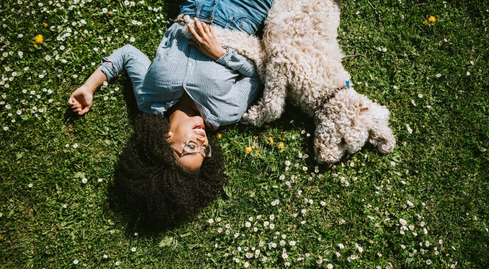 Woman laying in the grass with her pup at Metro Green Court in Stamford, Connecticut