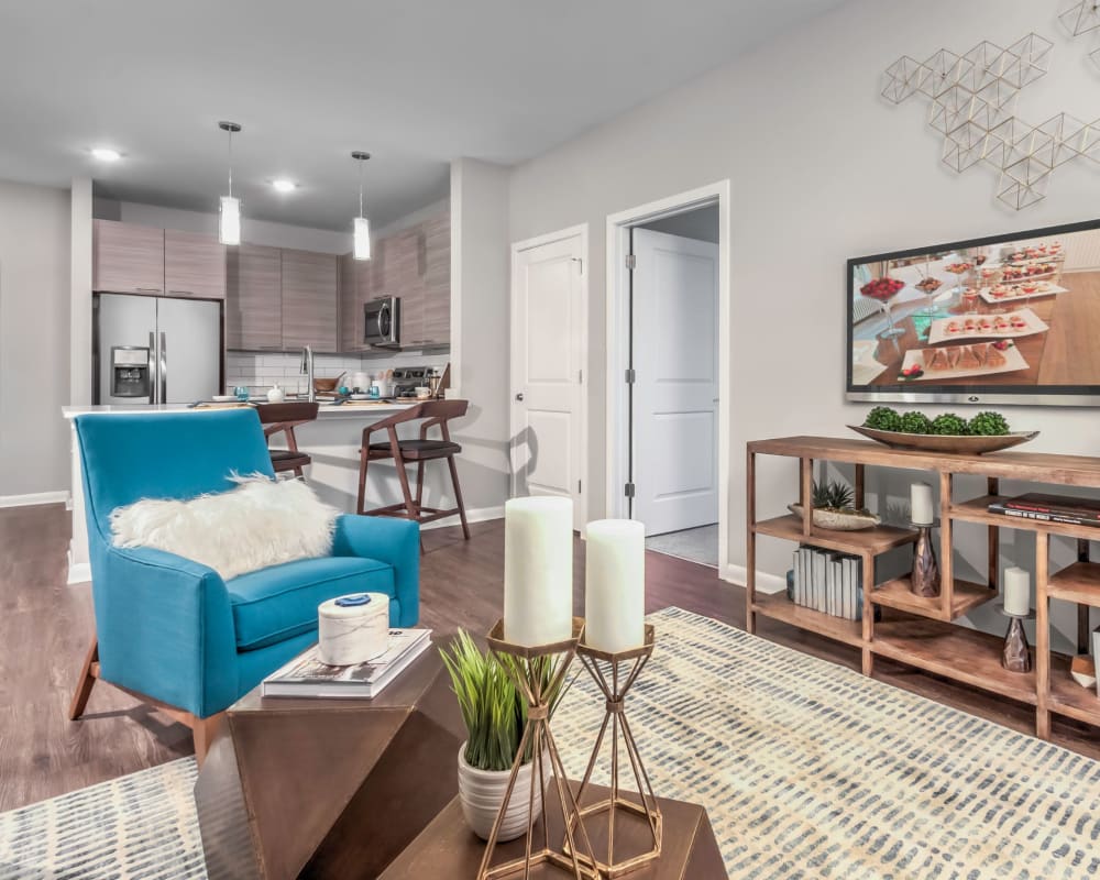 Comfortably decorated living space in a model home at The Palmer in Charlotte, North Carolina