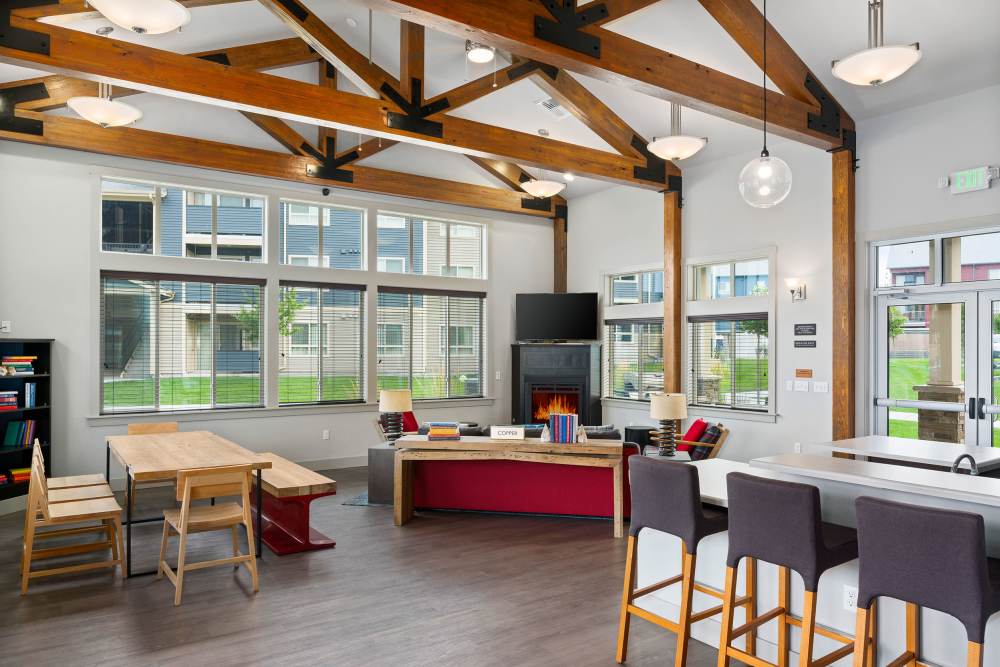 Cozy clubhouse with fireplace at Copper River in Spokane, Washington
