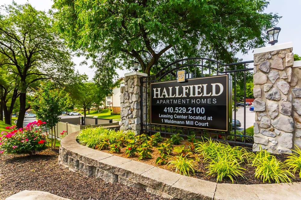 Sign at the entrance of Hallfield Apartments in Nottingham, Maryland