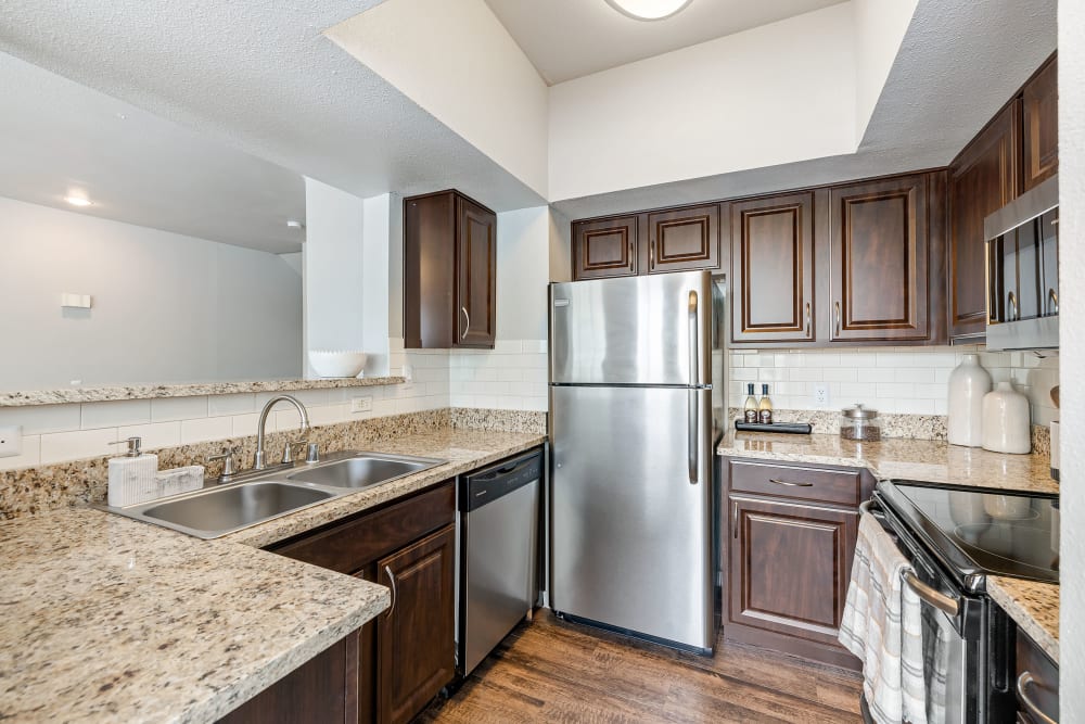 Modern kitchen with stainless steel appliances and granite counter tops at Marquis at Stonegate in Fort Worth, Texas