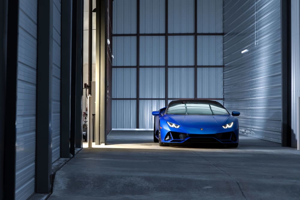 A sports car parked in a storage unit at LuxeLocker in Boise, Idaho