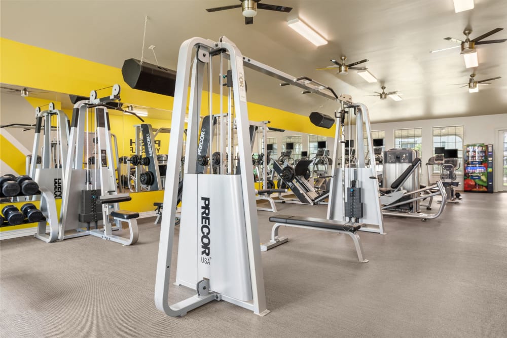 Well-equipped onsite fitness center at Olympus Woodbridge in Sachse, Texas