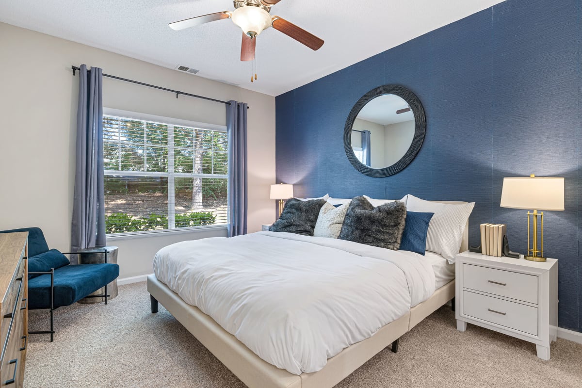 Bedroom with carpet flooring at The Preserve at Ballantyne Commons in Charlotte, North Carolina 