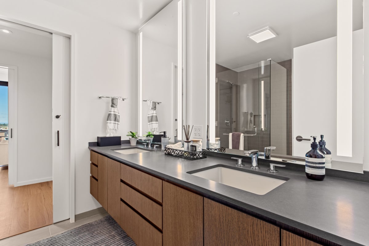 Modern finishes in an apartment batrhoom at The Residences at 11W in Portland, Oregon