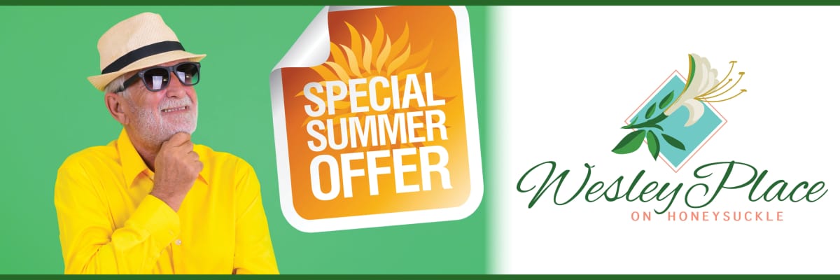 Senior adult male contemplates summer special flyer with Wesley Place logo