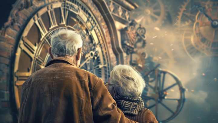 Senior adult male and female from the back looking at a large clock representing time change blues