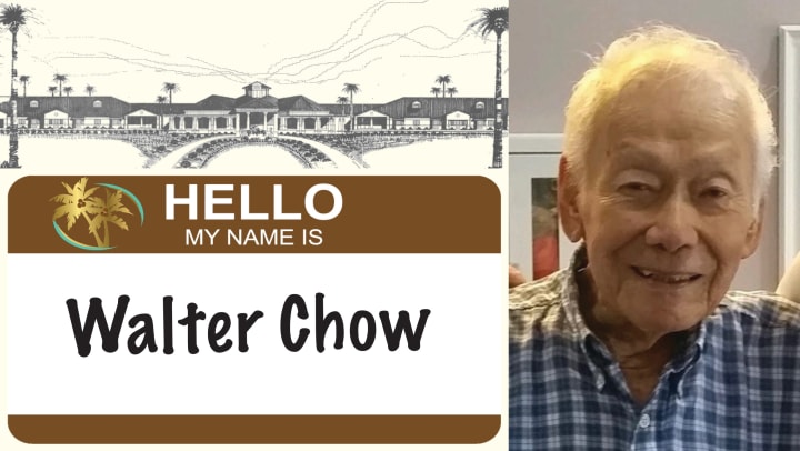 Line drawing of Mathison and name tag with name and picture of Walter Chow