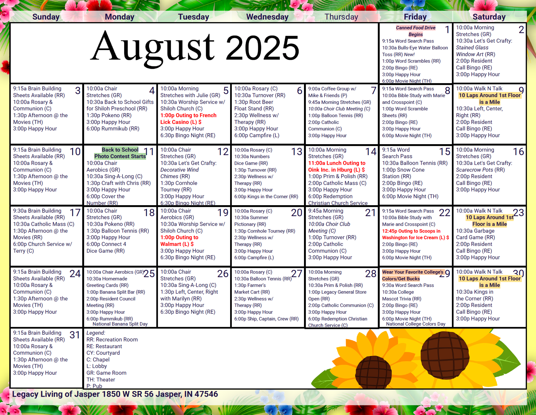 August Calendar at Legacy Living Jasper in Jasper, Indiana