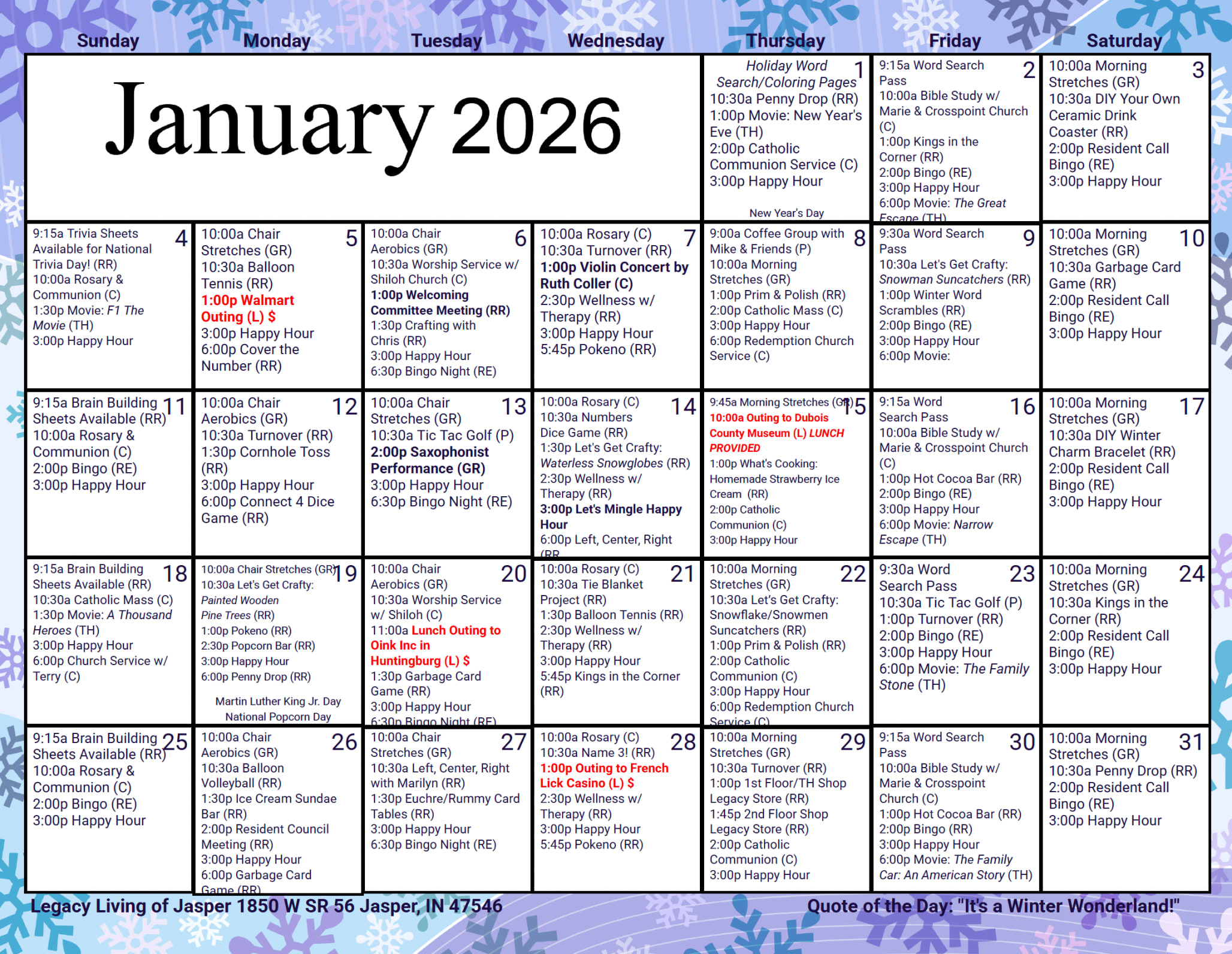 January Calendar at Legacy Living Jasper in Jasper, Indiana