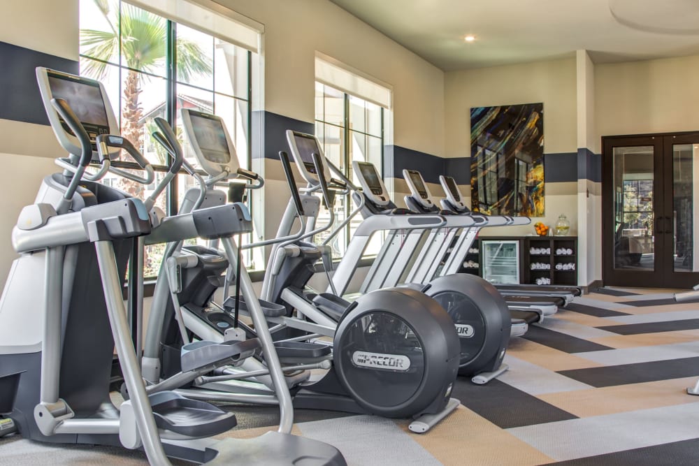 Well-equipped fitness center with terrific view of the community at Waterford Trails in Spring, Texas