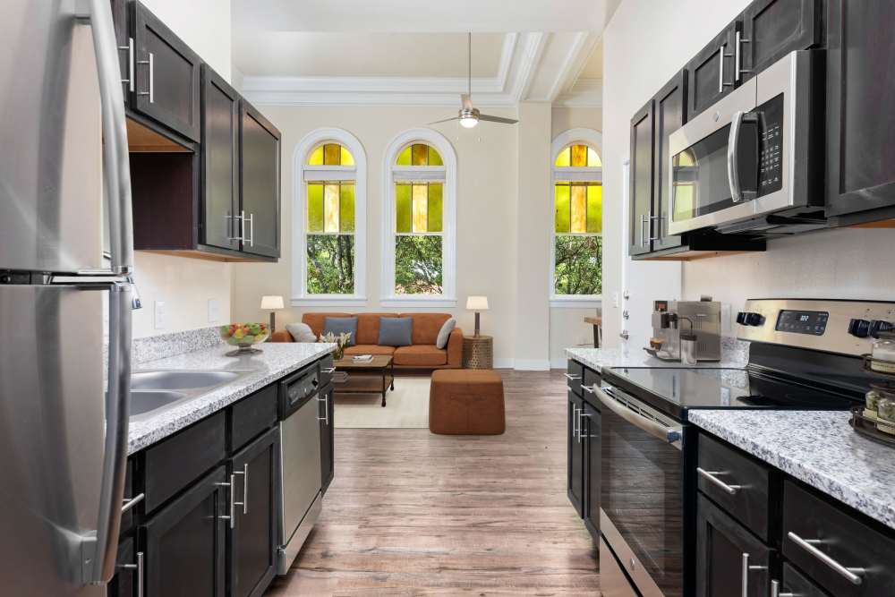 Fully equipped community kitchen at The St John in San Antonio, Texas