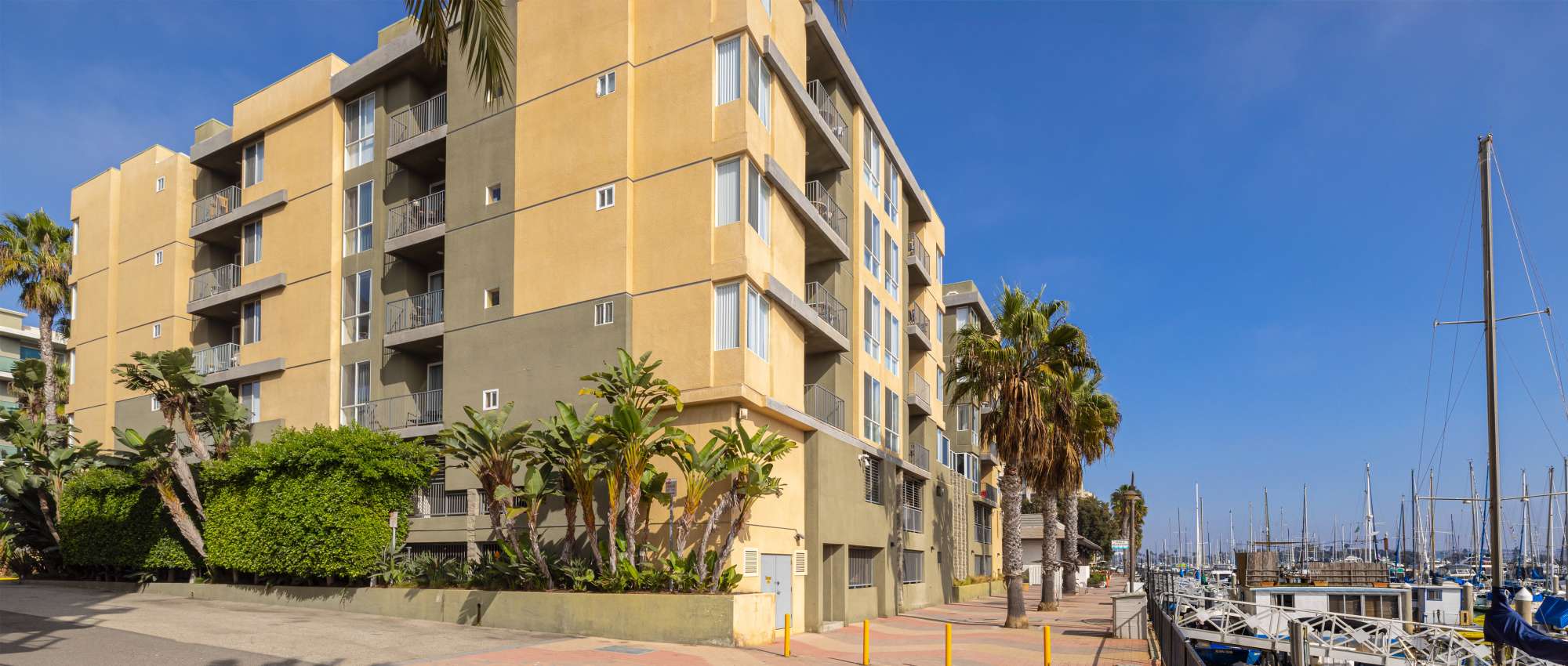 Four-story apartment building with balconies, palm trees, and views of boats at a marina at Monte Carlo Apartments in Marina Del Rey, California