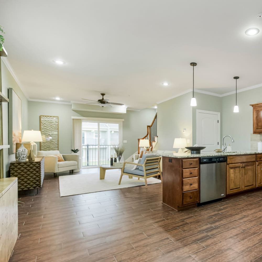 Gourmet style kitchen overlooking living room at Prairie Pines in Shawnee, Kansas