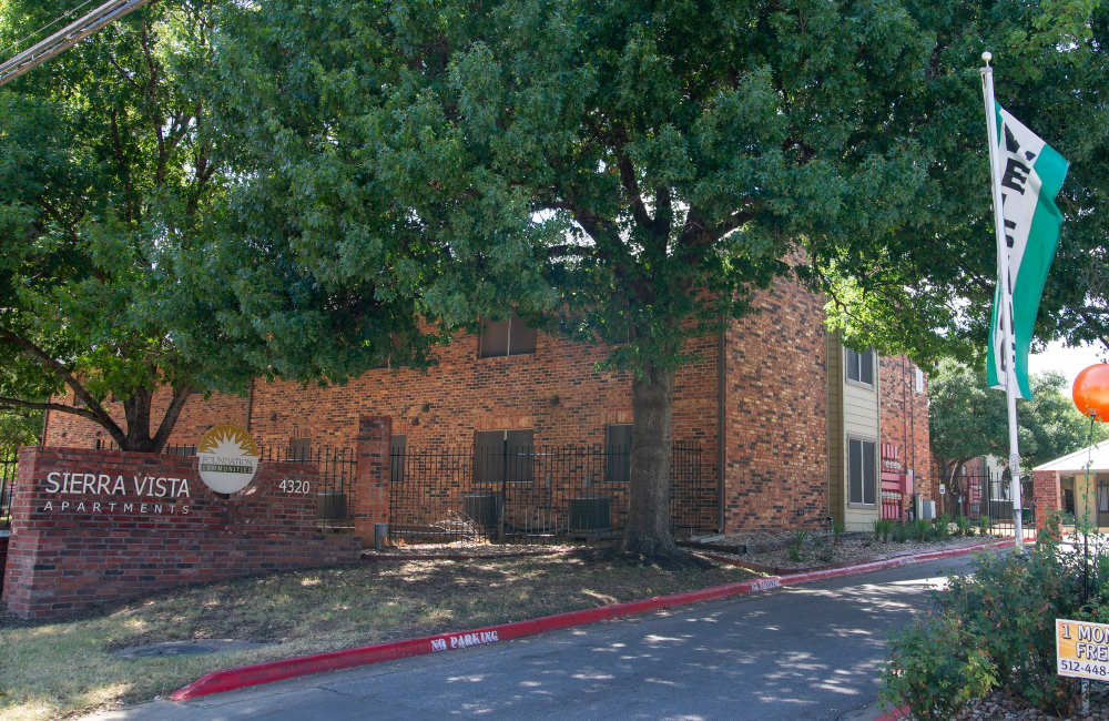 Signage board at Sierra Vista Apartments in Austin. TX