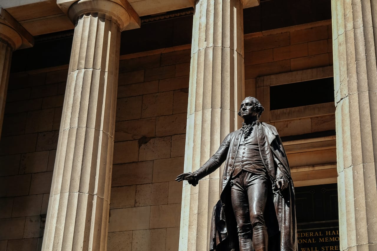 Statue at Federal Hall near Twenty Exchange in New York, New York