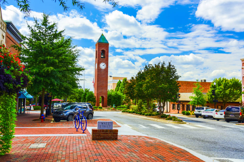 Street view of the clock tower in town near Lattitude34 Dillard Creek in Greer, South Carolina