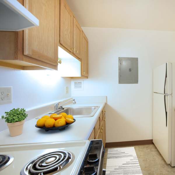 Kitchen of a model apartment at Park Place Towers in Mount Clemens, Michigan