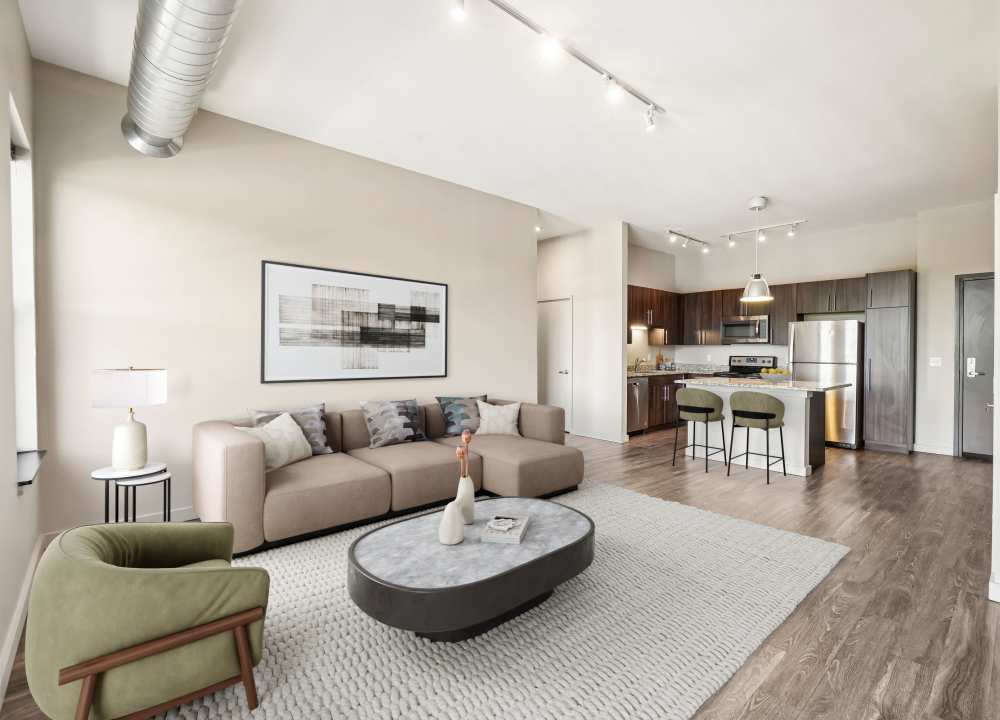 Unique living room at Starkweather Lofts in Plymouth, Michigan