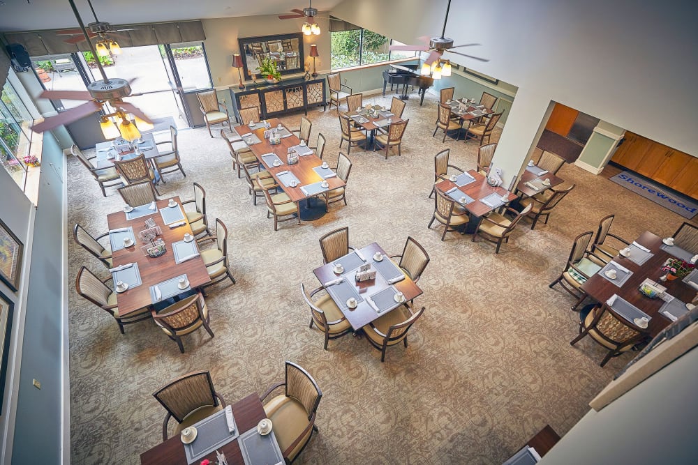 Aerial view of dining room at Shorewood Senior Living in Florence, Oregon