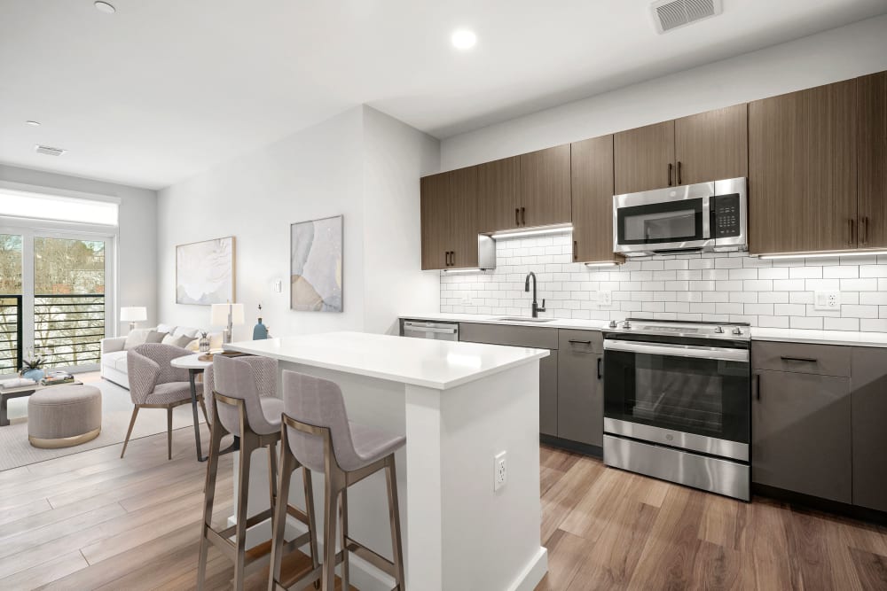 Upscale kitchen and living room at Anden in Weymouth, Massachusetts