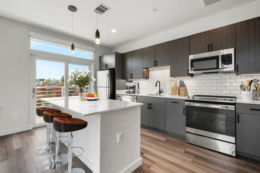 Upgraded kitchen in the two bedroom floor plan at Anden in Weymouth, Massachusetts