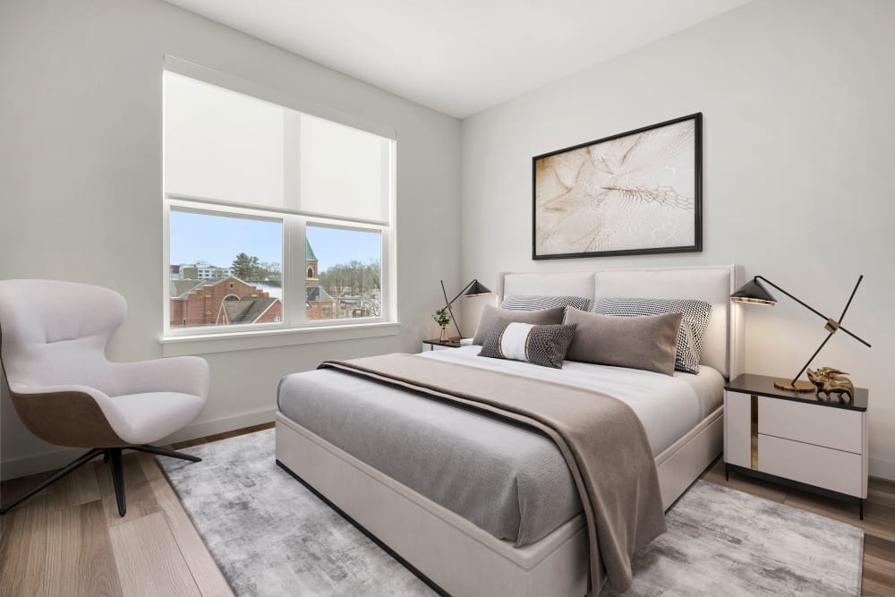 Comfortable bedroom in the two bedroom floor plan at Anden in Weymouth, Massachusetts