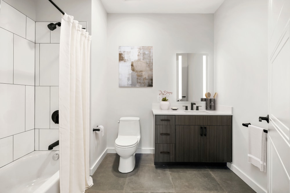 Upgraded bathroom sink, led backlit mirror and tile shower/tub at Anden in Weymouth, Massachusetts