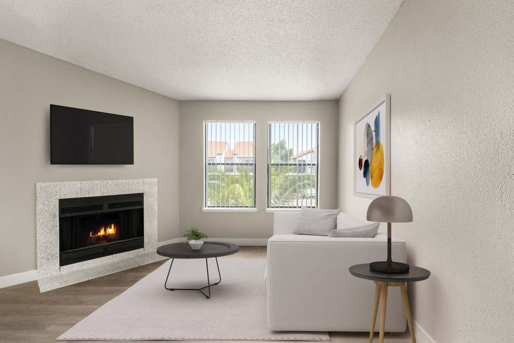 Spacious living room with fireplace at Cielo on Gilbert in Mesa, Arizona