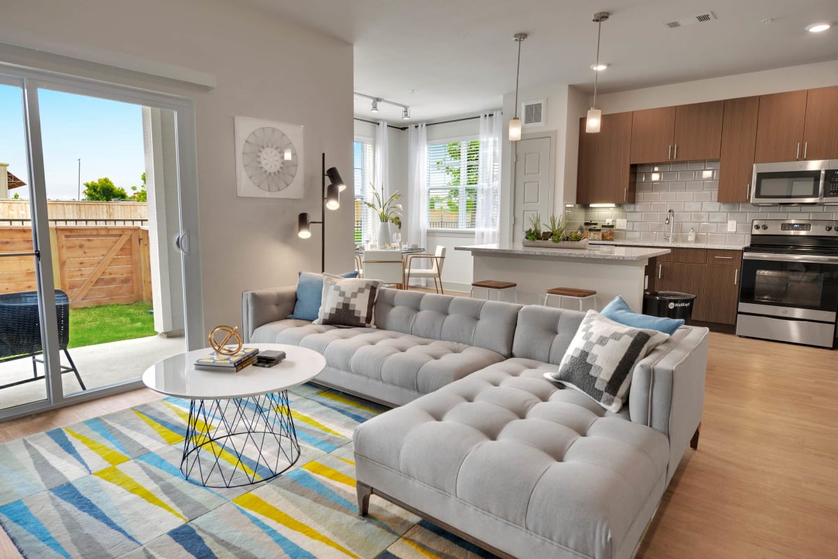 Spacious living room at Alta Tech Ridge in Austin, Texas