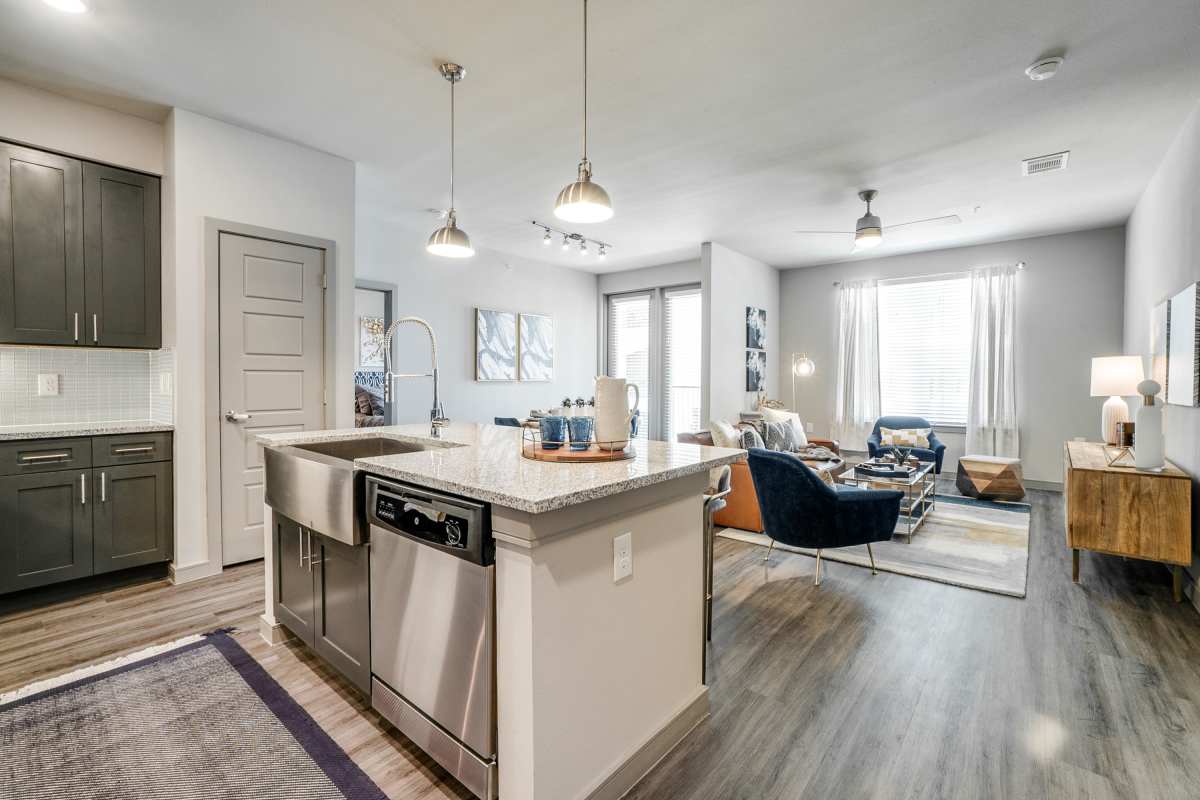 Kitchen and living space at One90 Gateway in Plano, Texas.