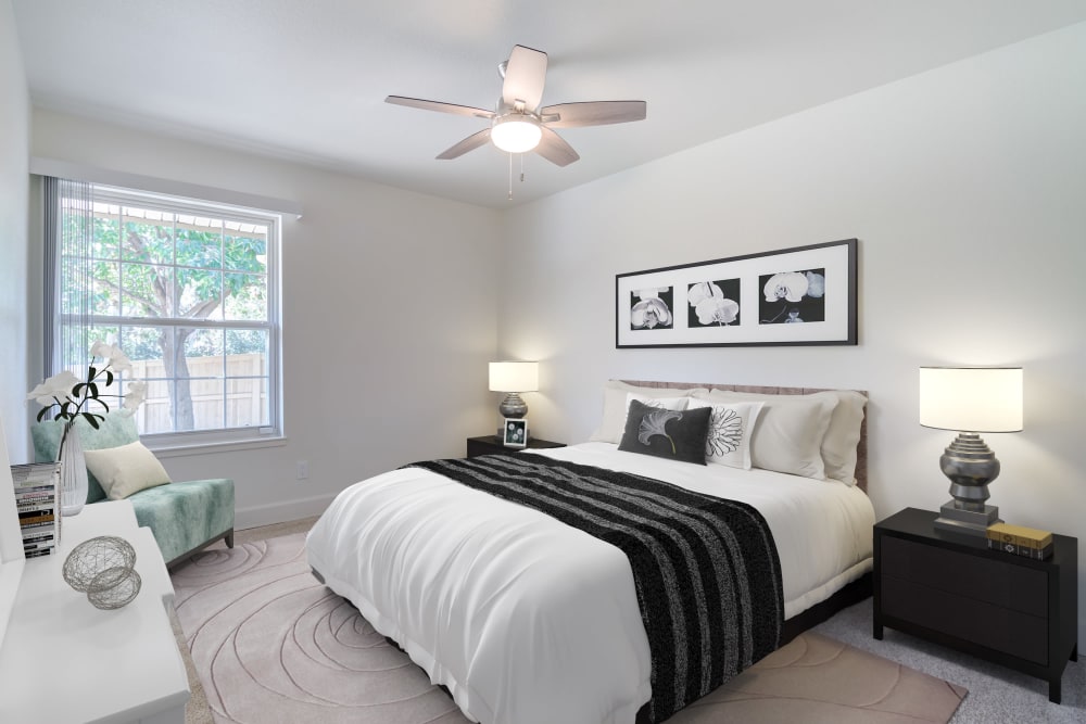 A furnished bedroom at Aero Ridge in San Diego, California