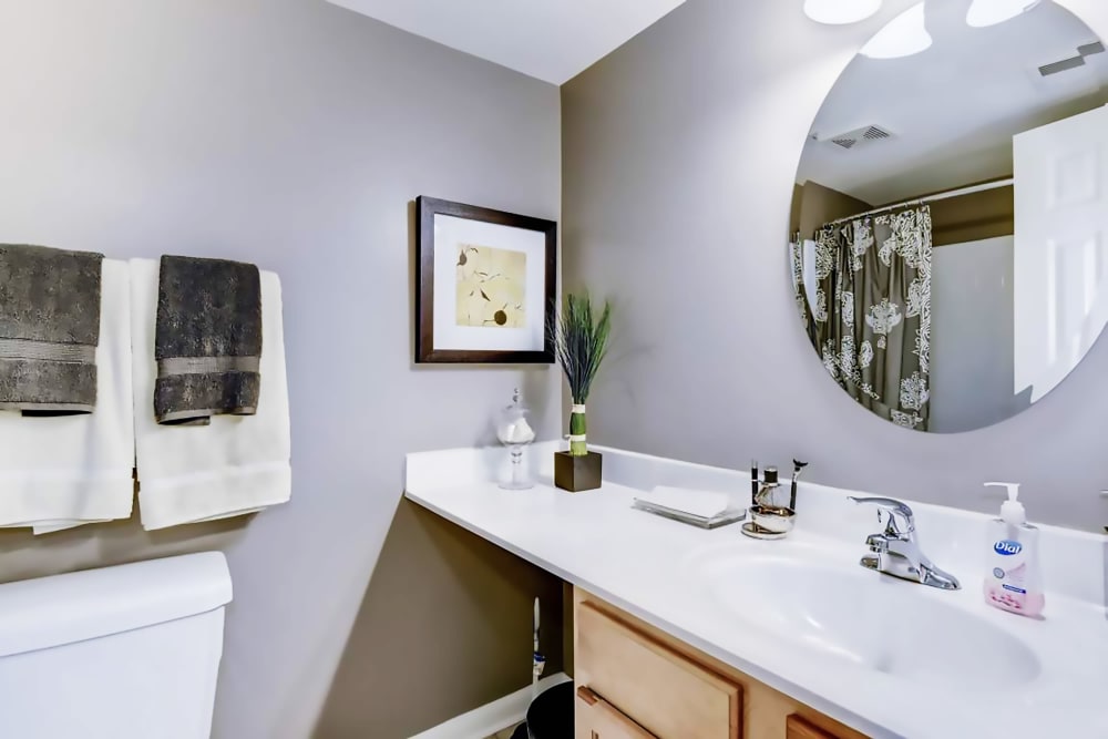 Model bathroom at Hampton Manor Apartments and Townhomes in Cockeysville, Maryland