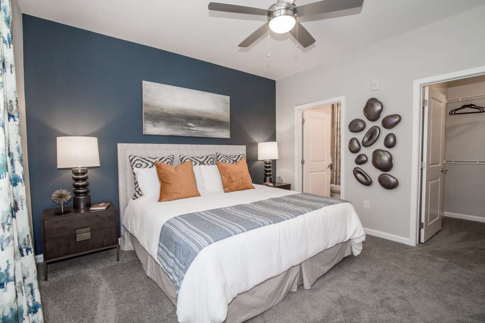 Cozy bedroom at Lodge at Croasdaile Farm in Durham. NC