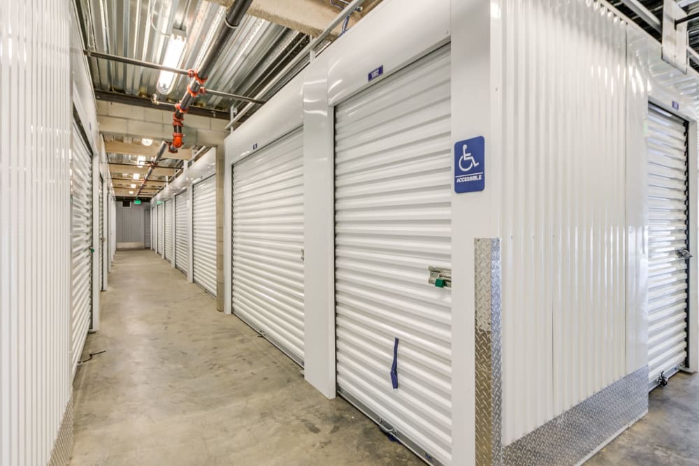 A hallway of indoor storage units at Storage Etc... De Soto in Chatsworth, California