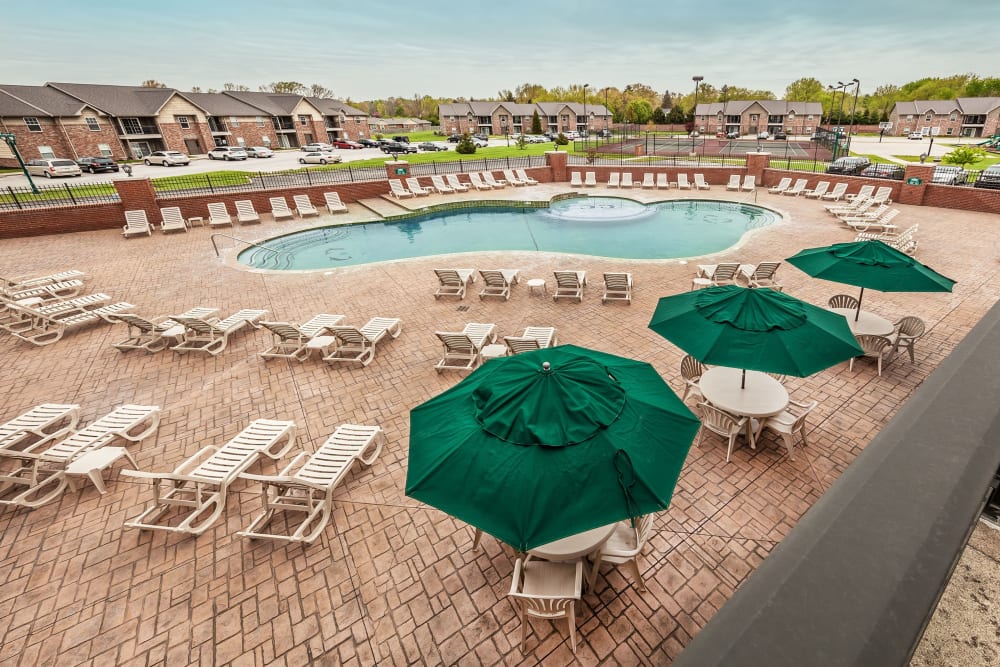 Overhead view of pool and deck seating at Cobblestone Crossings in Terre Haute, Indiana
