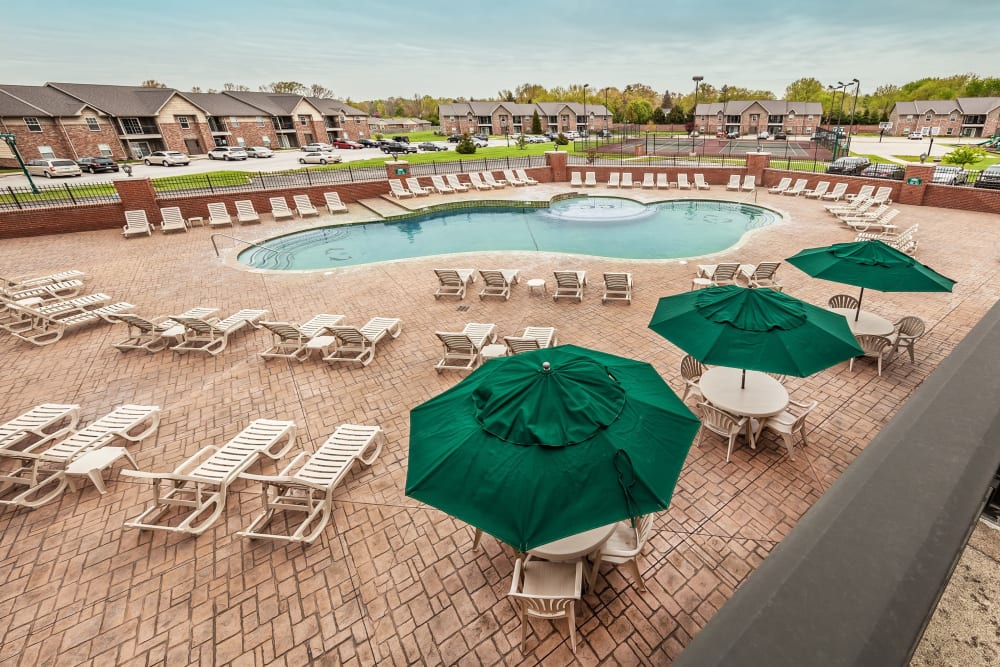 Overhead view of pool and deck seating at Cobblestone Crossings in Terre Haute, Indiana