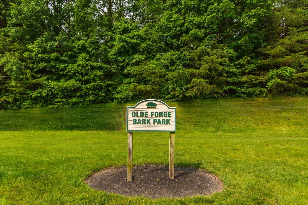 Sign at the bark park at Olde Forge Townhomes in Nottingham, Maryland