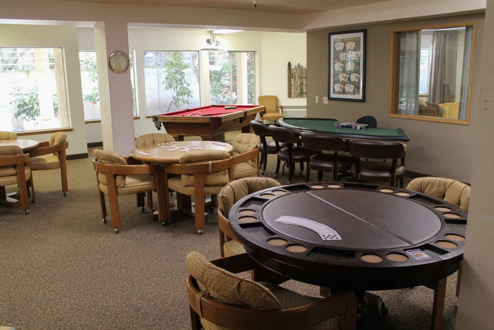 Gameroom with card tables, pool table at Truewood by Merrill, Fig Garden in Fresno, California