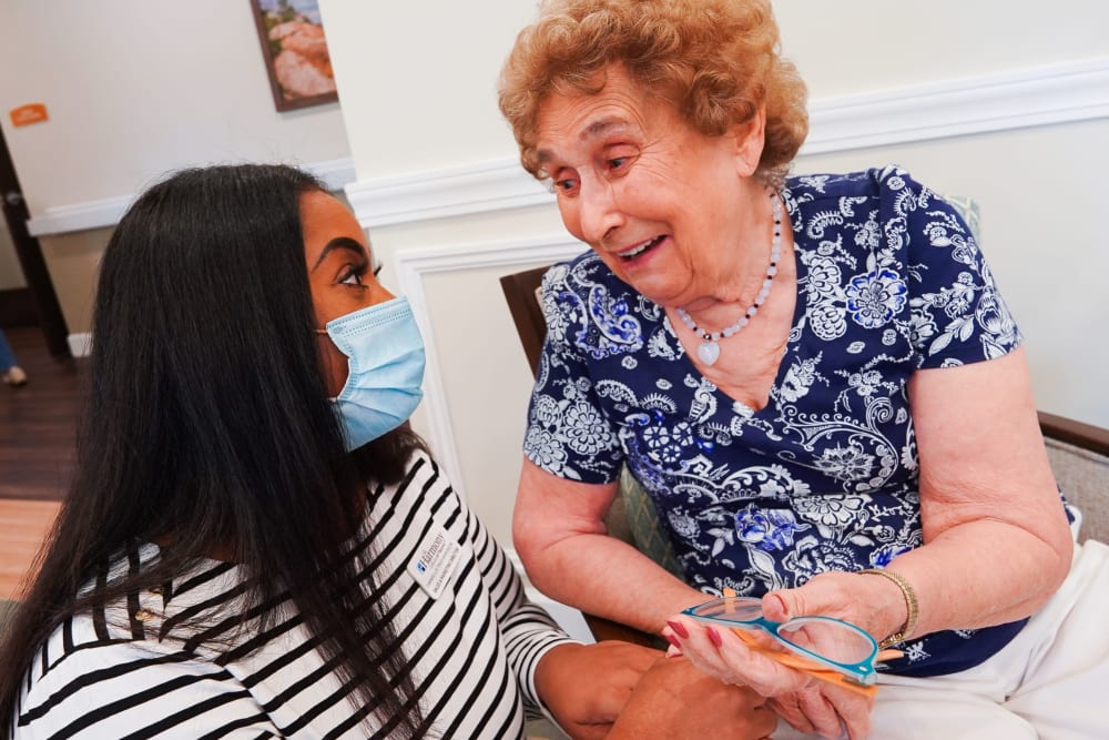 Resident and associate smiling The Harmony Collection at Roanoke - Assisted Living in Roanoke, Virginia