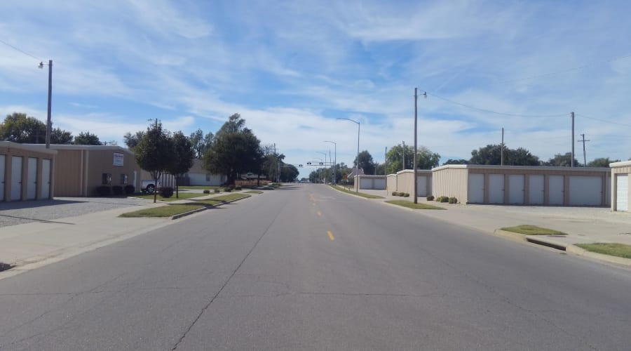 A street with storage units on either side at KO Storage in Hutchinson, Kansas