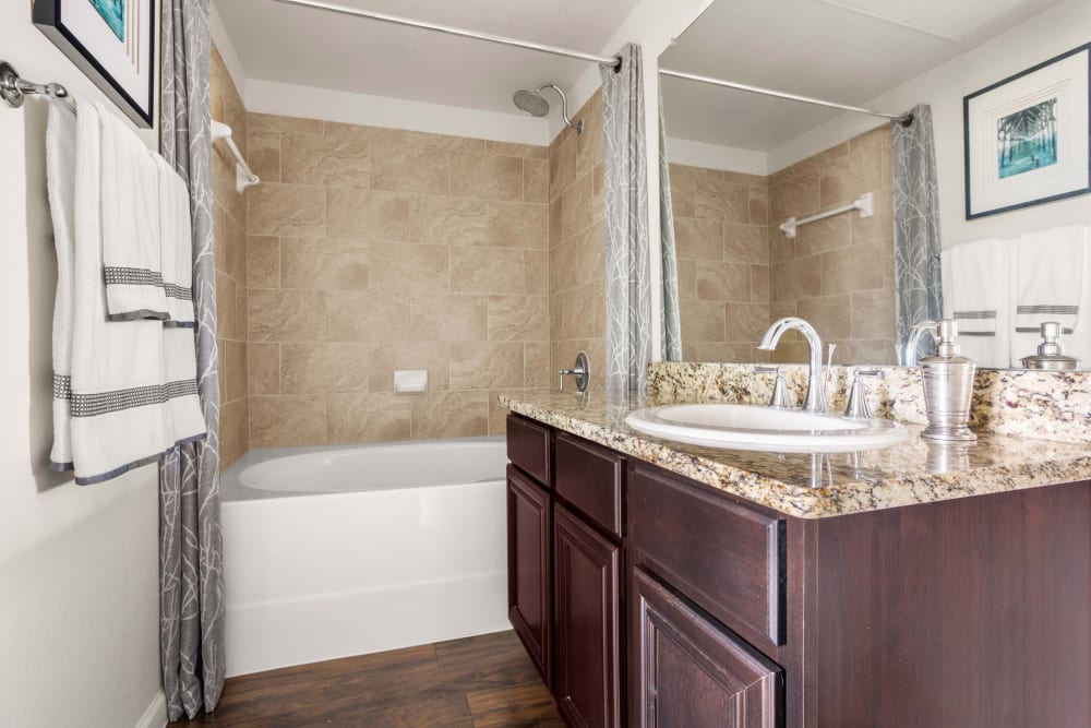 Oval soaking tub in a model home's primary bathroom at Olympus Woodbridge in Sachse, Texas