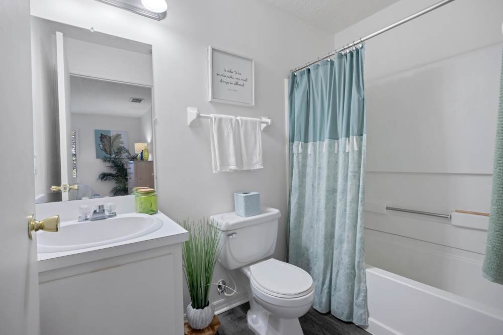 Bathroom with mirror, sink, commode, shower and wood-style flooring at Carlton Arms Of South Lakeland in Lakeland, Florida