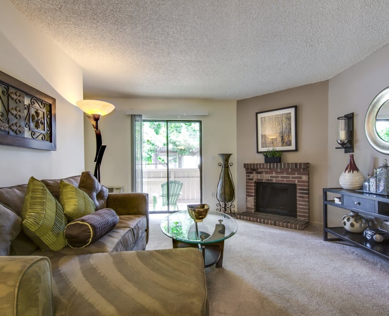 Comfortably decorated living area in a model home at Santana Ridge in Denver, Colorado